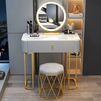 Французский табурет Туалетный столик Зеркальные светильники Салон Роскошный Туалетный столик Белый Мебель для хранения В спальне Удобная