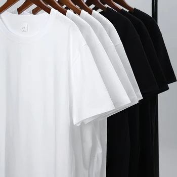 Хлопковая футболка Для женщин, высококачественная летняя Повседневная модная женская одежда с коротким рукавом, однотонная черная футболка, белые топы с круглым вырезом