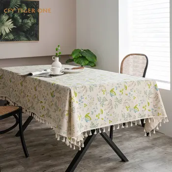 Хлопчатобумажная льняная скатерть с американскими растениями для украшения стола, Прямоугольная скатерть с кисточкой, покрытие обеденного стола, Чайная скатерть