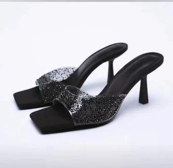 Хрустальные Сексуальные элегантные тапочки без застежки на высоком каблуке, женская обувь, женские прозрачные сандалии из ПВХ, летние вечерние модельные туфли с откидывающейся спинкой