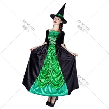 Хэллоуин для взрослых Женщин, Волшебная ведьма, Зеленое Длинное платье, Костюм для ролевых игр, Костюм для вечеринки Большой девочки-ведьмы, Хэллоуин, Живой Косплей