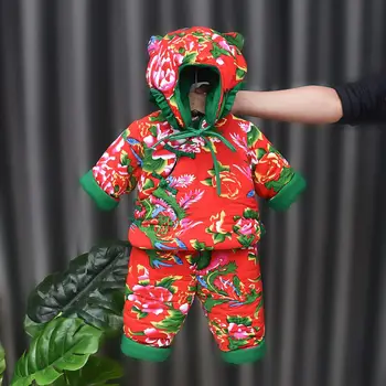 Цветной детский зимний комплект в китайском стиле, хлопковая куртка с цветочным узором для мальчиков и девочек, Брюки, Рождественский Новогодний костюм Tang