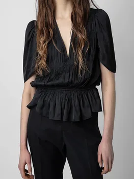 Черная женская блузка с эластичной талией и коротким рукавом, женская плиссированная рубашка с V-образным вырезом, лето 2023