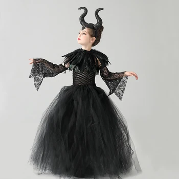 Черное платье-пачка для девочек на Хэллоуин, Злая ведьма, платье-пачка с шалью из перьев, Викторианский детский Маскарадный костюм Темной Королевы-злодейки