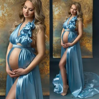 Шелковое атласное платье для беременных без рукавов, Макси-платье на бретельках, выпускное платье с вырезами, Женская фотосессия, Детский душ, Будуарное белье