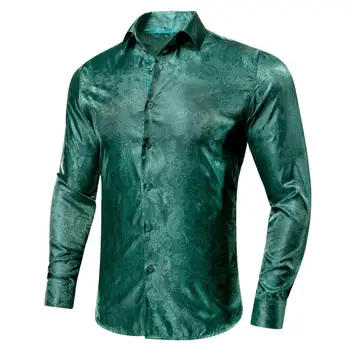 Шелковые Мужские Рубашки Hi-Tie Pine Green с Длинным рукавом и Воротником-Стойкой, Летняя Верхняя Одежда Windsor, Легкая Пляжная Рубашка Hawaii Aloha для мужской Моды