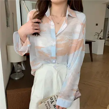 Шифоновая рубашка с дизайнерским принтом, весенне-летняя модная блузка 2023, рубашка с длинным рукавом и отложным воротником для женщин, одежда в корейском стиле