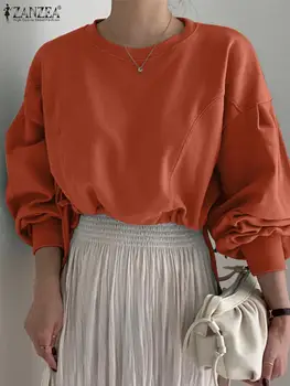 Элегантная женская блузка ZANZEA, осенний однотонный пуловер, Повседневный О-образный вырез, Длинный Пышный рукав, Однотонные Свободные топы, рабочая рубашка, Блузы Оверсайз