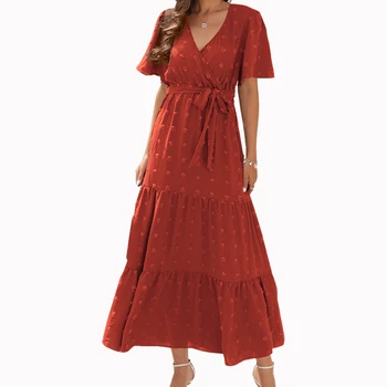 Элегантное Длинное женское летнее платье красного цвета с V-образным вырезом, Праздничная пляжная одежда, Женская Дышащая туника, Наряды Макси Плюс, Женское платье розового цвета