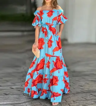 Элегантное женское Длинное платье 2023, Уличная мода, Цветочный принт на одно плечо, Плиссированные оборки, Короткие рукава, Платье с широкой талией