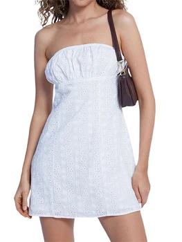Элегантное кружевное мини-платье без бретелек с открытой спиной и цветочными украшениями для женской одежды, летних вечеринок и клубных вечеров