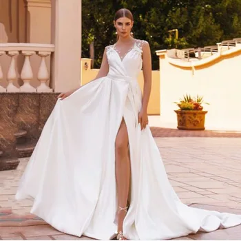 Элегантные белые свадебные платья 2021 атласная простой сторона Сплит свадебные платья V-образным вырезом и поясом для женщин Принцесса партия платье одеяние плюс размер 