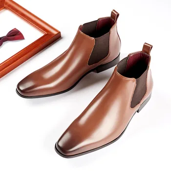 Элегантные Простые мужские кожаные ботинки с длинным квадратным носком в британском стиле 
