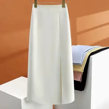 Юбка из белой костюмной ткани с разрезом, юбка в области ягодиц, Трапециевидная юбка средней длины с высокой талией, женская одежда Повседневная ПРЯМАЯ до середины икры