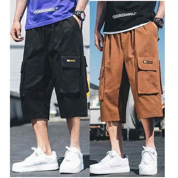 Японская уличная одежда, брюки-капри карго, мужские шорты-капри в стиле харадзюку, широкие шорты в стиле хиппи с карманами, летние шорты для бега трусцой