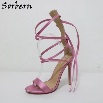 Ярко-розовые сандалии-гладиаторы Sorbern для женщин, летние туфли на высоком каблуке, Атласная обувь Нестандартного цвета, Женская обувь, Размер каблуков 34-46