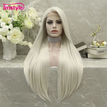 Imstyle, парик из платиновой блондинки, длинный синтетический парик на кружеве, прямые волосы, бесклеевые, без термостойких волокон, часть для косплея, Парики