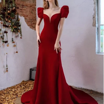 Винно-красные Свадебные платья Русалки с глубоким V-образным вырезом и пышными рукавами, Небольшой шлейф, Vestidos De Novia, Простое элегантное винтажное вечернее платье