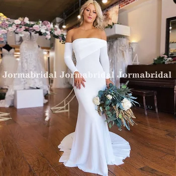 Свадебное платье Русалки с вырезом лодочкой и длинными рукавами с открытыми плечами, белые пляжные свадебные платья из крепа в складку, Платья для невесты на молнии сзади